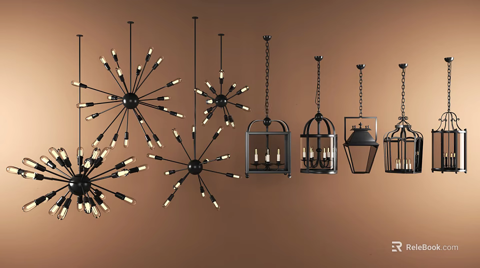 Unique Shaped Pendant Lights With Various Designs And Black Metal Frames For Modern Interiors 3d model 