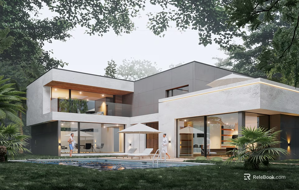 Modern Detached Villa With Outdoor Swimming Pool Balcony And Large Windows Surrounded by Trees 3d model 