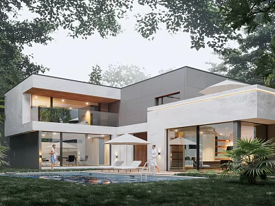 Modern Detached Villa With Outdoor Swimming Pool Balcony And Large Windows Surrounded by Trees 3d model