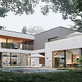Modern Detached Villa With Outdoor Swimming Pool Balcony And Large Windows Surrounded by Trees