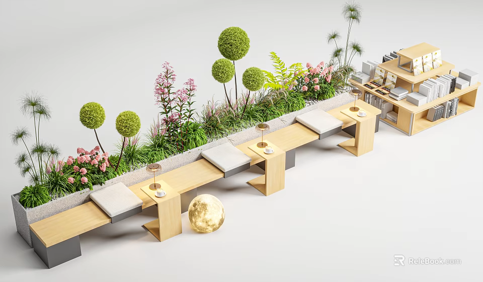 Outdoor Leisure Chair Setup With Green Plants Pink Flowers And Wooden Side Tables 3d model 
