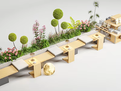 Outdoor Leisure Chair Setup With Green Plants Pink Flowers And Wooden Side Tables 3d model