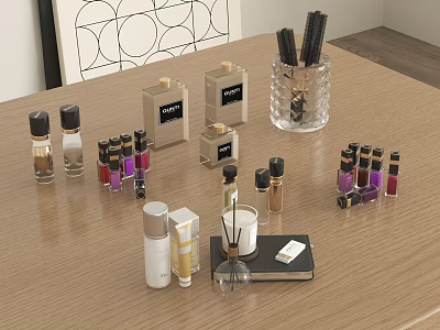 Stylish Perfume And Cosmetic Collection With Lipsticks And Skincare Products On Wooden Table 3d model
