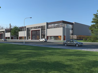 Modern Office Building Exterior With Glass Facade Green Lawn And Parked Cars 3d model