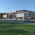 Modern Office Building Exterior With Glass Facade Green Lawn And Parked Cars
