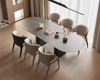 Modern Dining Table with Six Chairs and Decorative Candle Book Cup on Surface 3d model