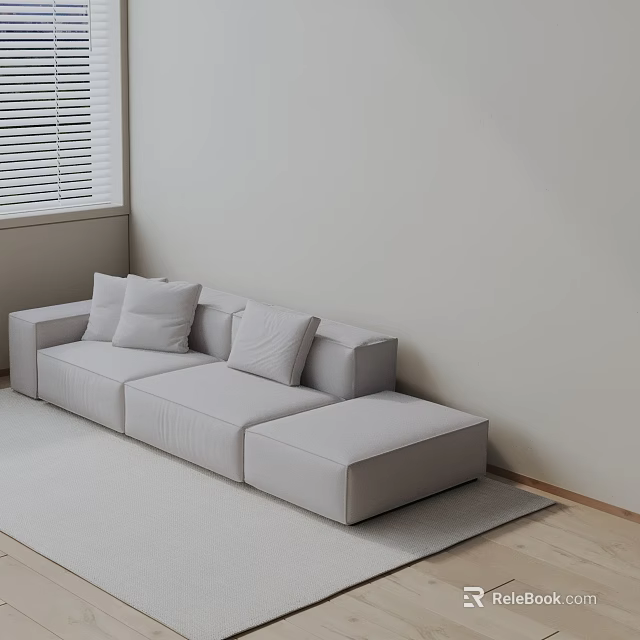 Light Gray Three Seater Sofa With Cushions On Light Rug Against Wall With Blinds 3d model 