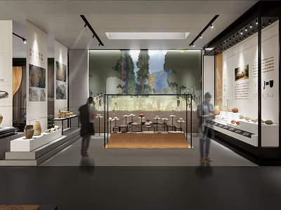 Museum Exhibition Hall Interior With Display Cases Artifacts Visitors Wall Paintings And Lighting 3d model