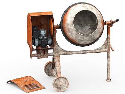 Rusted Industrial Cement Mixer With Metal Drum Wheels And Mechanical Components 3d model