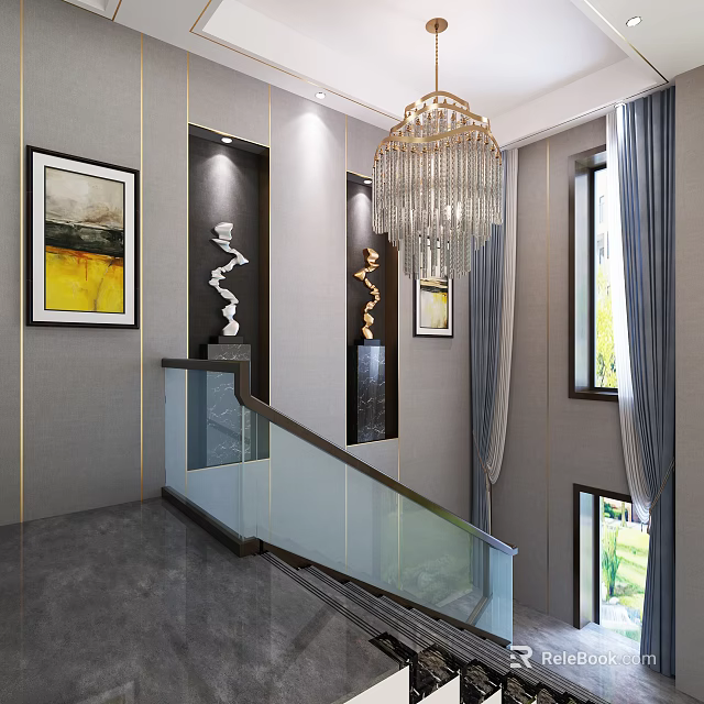 Crystal Chandelier in Modern Staircase Interior with Glass Railing Gray Walls and Decorative Elements 3d model 