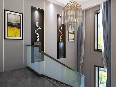 Crystal Chandelier in Modern Staircase Interior with Glass Railing Gray Walls and Decorative Elements 3d model