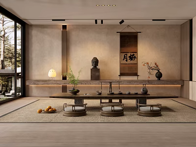 Traditional Japanese Tea Room With Tatami Mats Wooden Table Hanging Scroll And Tea Sets 3d model