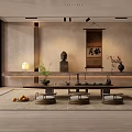 Traditional Japanese Tea Room With Tatami Mats Wooden Table Hanging Scroll And Tea Sets