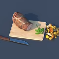 Roast Meat on Wooden Cutting Board with Knife Fresh Mushrooms and Herbs