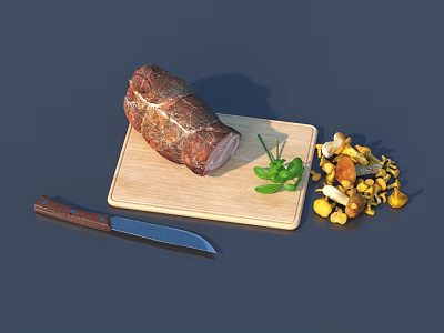 Roast Meat on Wooden Cutting Board with Knife Fresh Mushrooms and Herbs 3d model