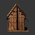 Wooden Building Model with Sloped Roof Grid Wooden Frame Brown Planks Door and Windows