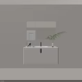 Modern Minimalist Bathroom Vanity With White Cabinet Lighted Mirror Black Faucet Toiletries And Green Plant