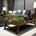 Traditional Chinese Living Room Interior With Elegant Chandelier Sofas Coffee Table Blue Rug Silk Curtains