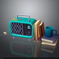 Vintage Blue Radio With Stacked Books And Blue Mug On Dark Surface