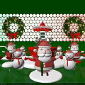 Festive Christmas Scene With Santa Claus Snowmen Wreaths And Green Grid Background