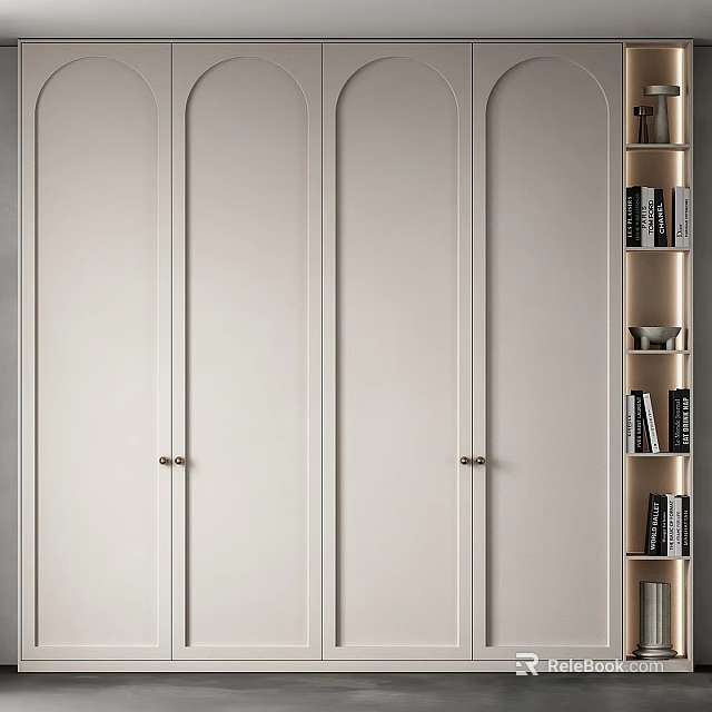 Modern Minimalist Beige Wardrobe With Paneled Doors And Open Storage Shelves 3d model 