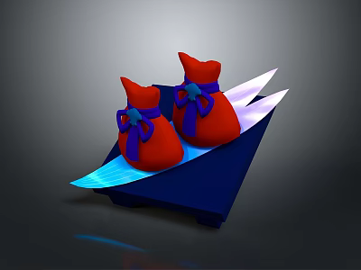 Traditional Food in Red Bags with Blue Bows on Blue Boat Shaped Tray 3d model