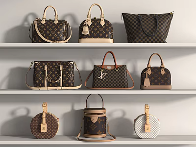 Assorted Luxury Designer Bags In Various Styles Displayed On Shelves 3d model