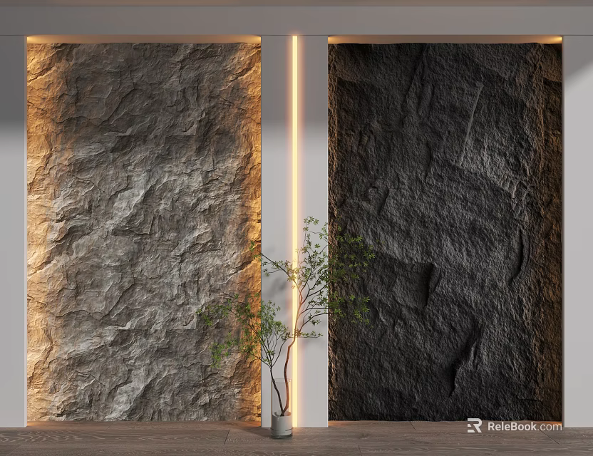 Light and Dark Stone Texture Background Wall with LED Strip Lighting and Potted Plant 3d model 