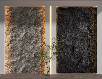 Light and Dark Stone Texture Background Wall with LED Strip Lighting and Potted Plant 3d model