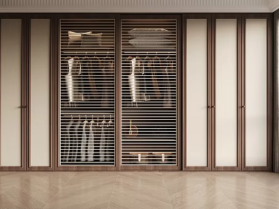 Modern Wooden Wardrobe Interior Design With Sliding Doors And Hanging Clothing Areas 3d model