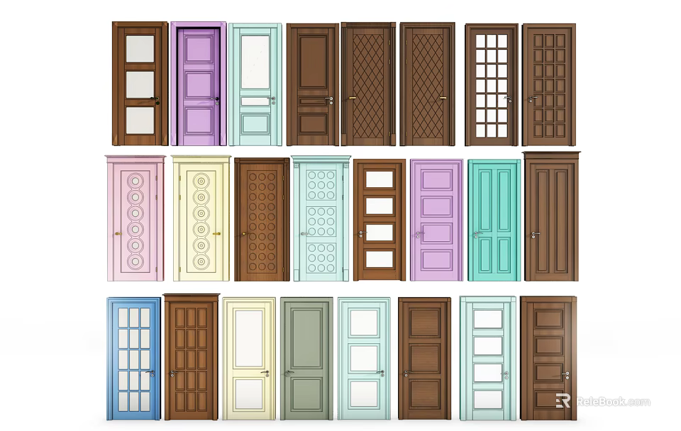 Diverse Colored Hinged Doors With Various Designs And Glass Panels 3d model 