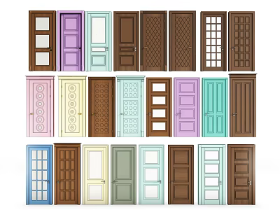 Diverse Colored Hinged Doors With Various Designs And Glass Panels 3d model