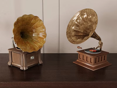 Antique Gramophones With Ornate Horns And Wooden Bases On Dark Table 3d model