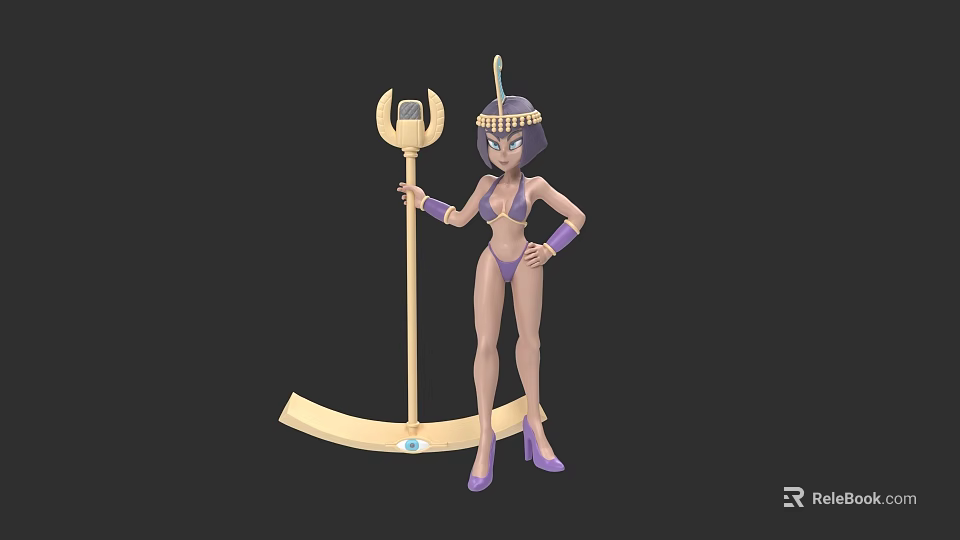 Mythical Female Character In Purple Bikini Feathered Headdress And Purple High Heels Holding Tall Staff 3d model 