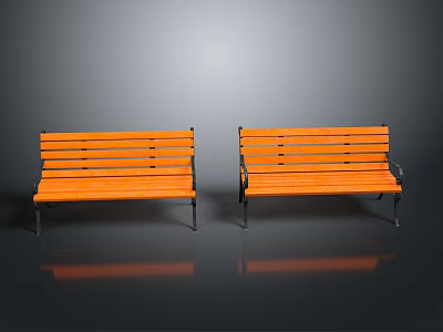 Two Orange Wooden Benches With Black Metal Frames In Modern Setting 3d model