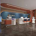 Modern Hotel Lobby Design With Orange White Reception Desk Service Robot And Blue Accent Wall