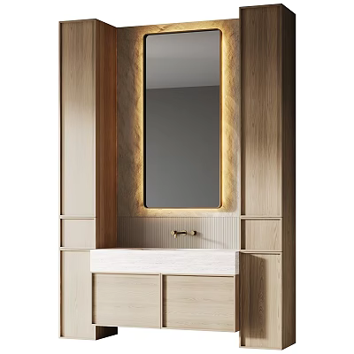 Modern Bathroom Cabinet With Wooden Frame Marble Countertop And Illuminated Mirror 3d model
