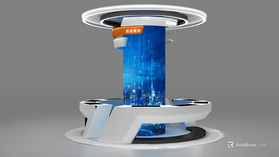 Modern Tech Display Showcase With Blue Digital Screen Circular Top And White Black Base 3d model 