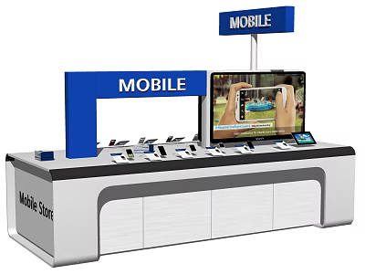 Modern Mobile Phone Display Rack with Smartphones Tablets and Blue MOBILE Signage 3d model