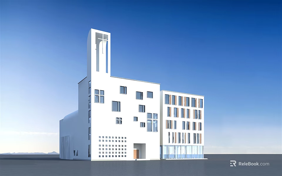 Modern White Building Design With Tower Structure And Glass Windows Under Clear Blue Sky 3d model 