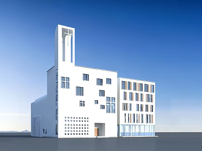 Modern White Building Design With Tower Structure And Glass Windows Under Clear Blue Sky 3d model