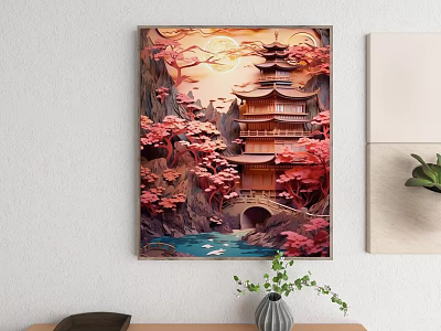Traditional Japanese Landscape Painting With Pagoda Red Maples River Bridge And Moon 3d model
