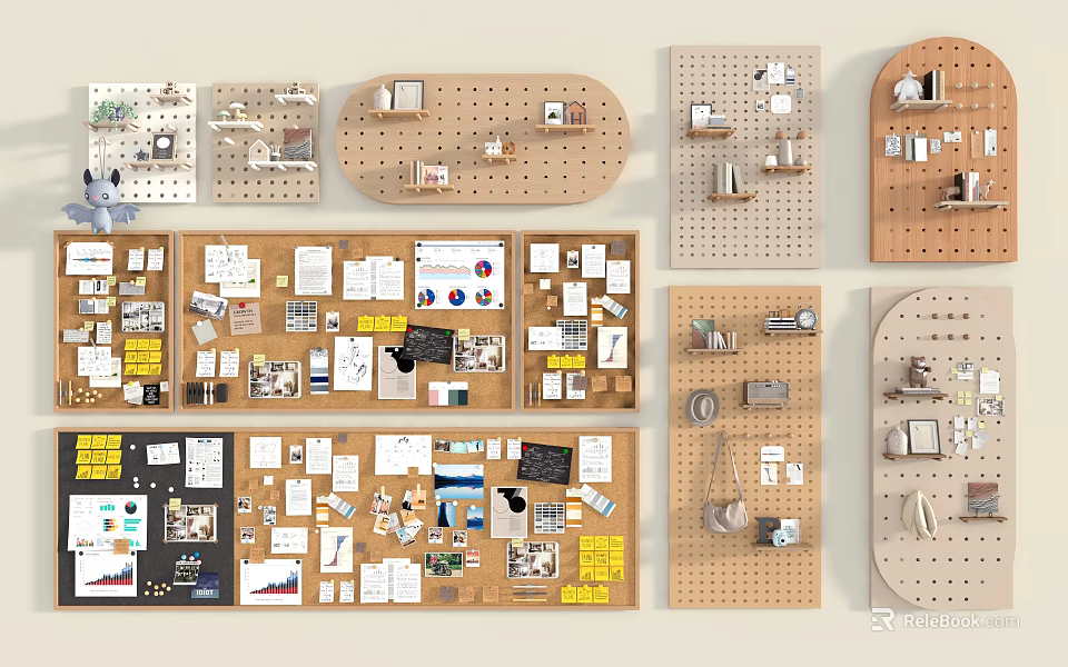 Cork Boards and Pegboards Wall Decor for Organizing Notes Photos and Small Items at Home Office 3d model 