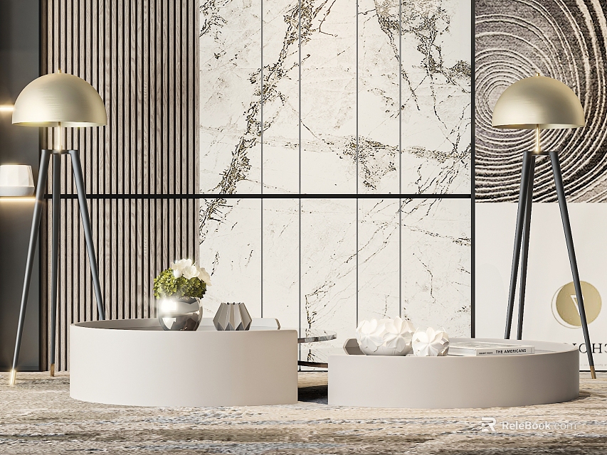 Modern Round White Coffee Table Living Room Interior With Vase And Decorative Sculptures 3d model 