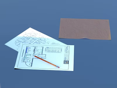 Practical Household Supplies Featuring Paper Sheets Blueprints And Pencil On Blue Background 3d model