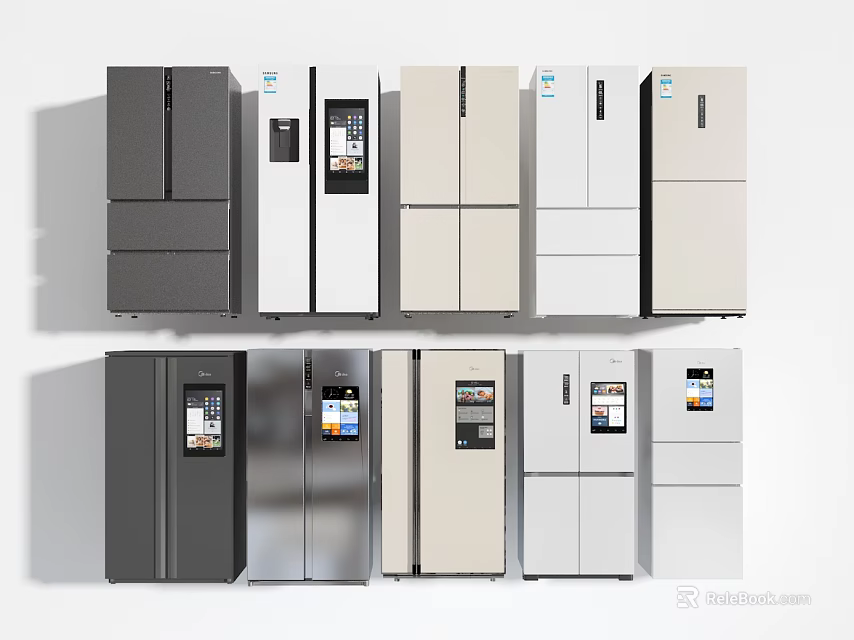 Various Modern Refrigerators Featuring Different Colors Styles and Digital Display Designs 3d model 