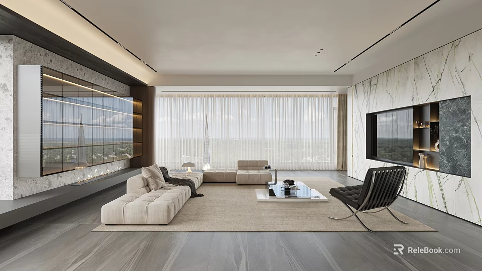 Modern Living Room with Floor to Ceiling Windows Light Sofa Black Chair and Coffee Table 3d model 