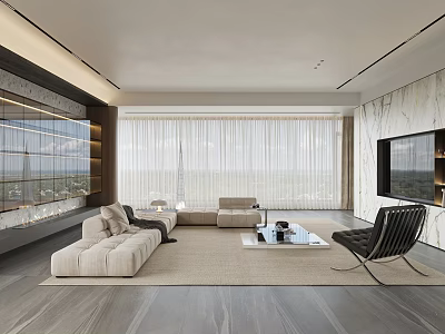 Modern Living Room with Floor to Ceiling Windows Light Sofa Black Chair and Coffee Table 3d model