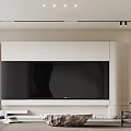Modern Living Room Interior With White Sofa Large Screen TV And Wooden Staircase