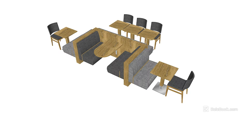 Public Chairs With Wooden Frames And Gray Cushions In Café Lounge Layout With Tables 3d model 